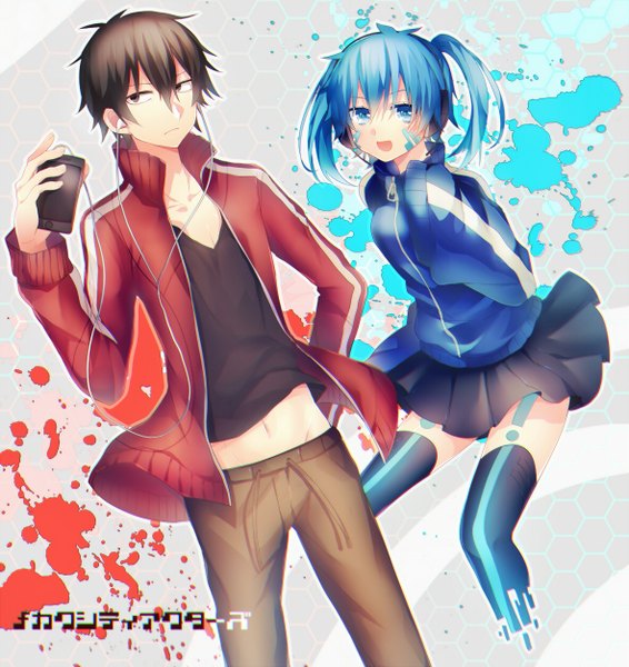 Anime picture 1181x1250 with kagerou project shaft (studio) ene (kagerou project) kisaragi shintarou abandon ranka long hair tall image looking at viewer fringe short hair breasts open mouth blue eyes brown hair twintails holding brown eyes blue hair looking away long sleeves