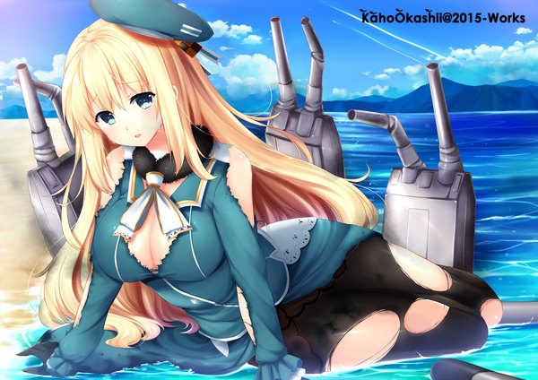 Anime picture 1500x1060 with kantai collection atago heavy cruiser kaho okashii single long hair looking at viewer breasts blue eyes light erotic blonde hair large breasts sky cleavage cloud (clouds) torn pantyhose girl weapon pantyhose sea beret