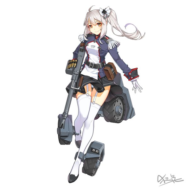 Anime picture 3480x3507 with panzer waltz panhard 178a (panzer waltz) kyouki no kimi single long hair tall image looking at viewer fringe highres breasts light erotic simple background hair between eyes white background brown eyes payot absurdres full body ahoge bent knee (knees)