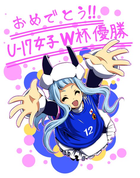Anime picture 965x1229 with original mana12 single long hair tall image blush fringe open mouth smile blue hair eyes closed from above spread arms football girl