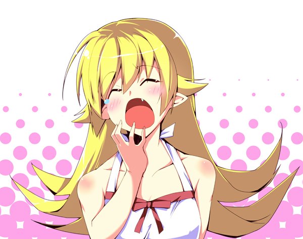 Anime picture 1039x819 with bakemonogatari shaft (studio) monogatari (series) oshino shinobu single long hair blush open mouth simple background blonde hair bare shoulders eyes closed pointy ears teeth loli fang (fangs) polka dot polka dot background girl