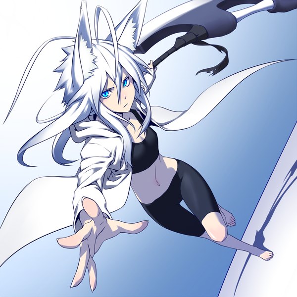 Anime picture 1200x1200 with original kentairui single long hair blue eyes simple background animal ears ahoge white hair midriff girl navel weapon