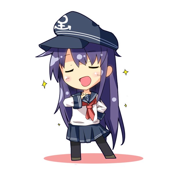 Anime picture 800x800 with kantai collection akatsuki destroyer nihonbato single blush fringe open mouth simple background hair between eyes standing white background purple hair full body eyes closed very long hair pleated skirt sparkle hand on hip lens flare chibi