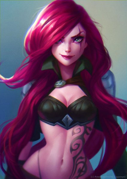 Anime picture 848x1200 with league of legends katarina (league of legends) lagunaya (artist) single long hair tall image looking at viewer breasts smile green eyes pink hair lips bare belly midriff tattoo lipstick scar pink lipstick smirk girl