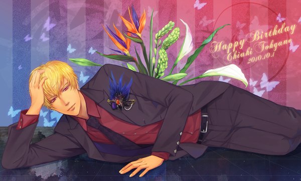 Anime picture 1460x880 with kiniro no corda 3 tohgane chiaki midori tachibana short hair blonde hair wide image lying pink eyes arm support boy plant (plants) necktie suit