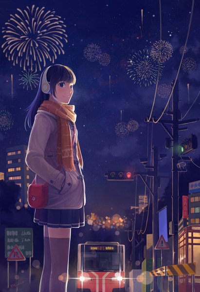 Anime picture 1500x2185 with original tyc001x single long hair tall image fringe black hair smile black eyes night night sky hands in pockets fireworks girl thighhighs skirt scarf building (buildings) bag coat