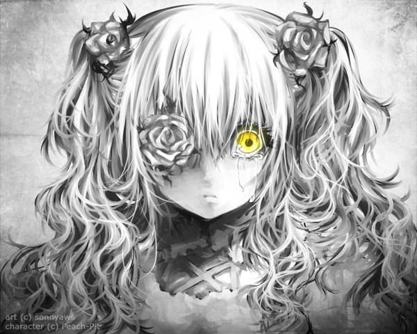 Anime picture 1280x1024 with rozen maiden kirakishou sonnyaws single long hair looking at viewer twintails yellow eyes white hair hair flower monochrome face crying serious flower over eye girl hair ornament flower (flowers) rose (roses)
