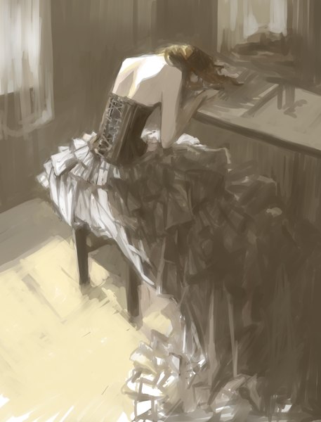 Anime picture 891x1169 with original tsubu mikan single long hair tall image brown hair sitting bare shoulders indoors lacing girl dress black dress curtains corset