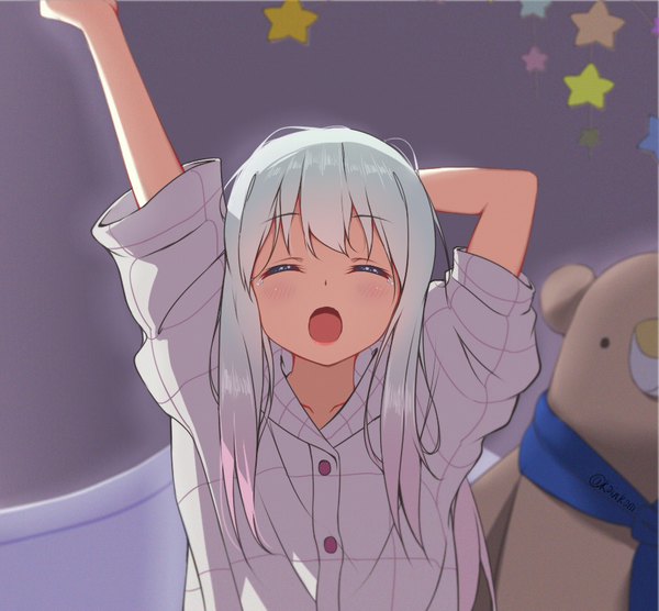 Anime picture 919x853 with eromanga sensei a-1 pictures izumi sagiri qingchen long hair fringe open mouth silver hair upper body eyes closed arm behind head messy hair ! yawn sleepy girl shirt star (symbol) toy stuffed animal