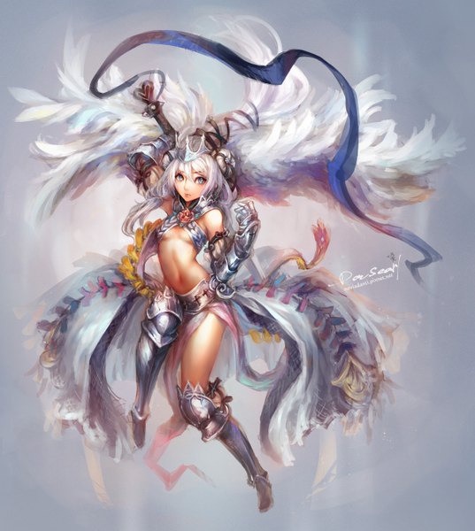 Anime picture 1200x1340 with original dansearl single tall image blue eyes light erotic signed looking away silver hair very long hair bare belly hair bun (hair buns) girl weapon sword boots armor knee boots crown