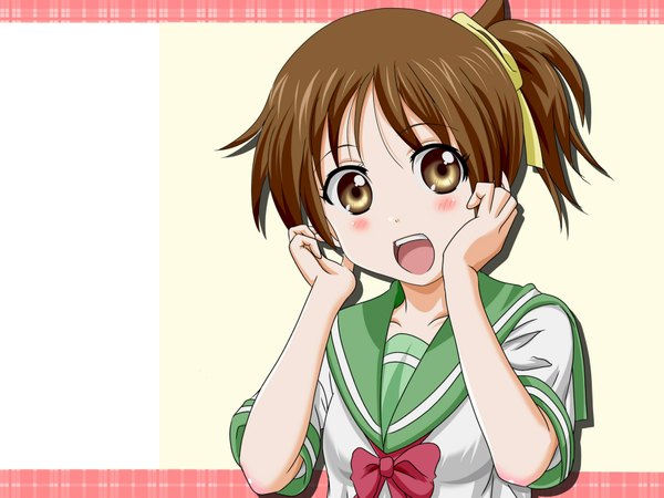 Anime picture 1840x1380 with k-on! kyoto animation hirasawa ui single looking at viewer blush fringe highres short hair open mouth brown hair brown eyes upper body head tilt short sleeves surprised girl bow ribbon (ribbons) hair ribbon
