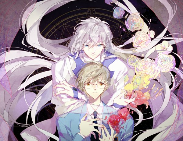 Anime picture 1021x788 with card captor sakura clamp yue (cardcaptor sakura) tsukishiro yukito moca (p0ckylo) long hair short hair blue eyes blonde hair yellow eyes silver hair white hair very long hair wind multiple boys hug magic hand on chest transparent hug from behind