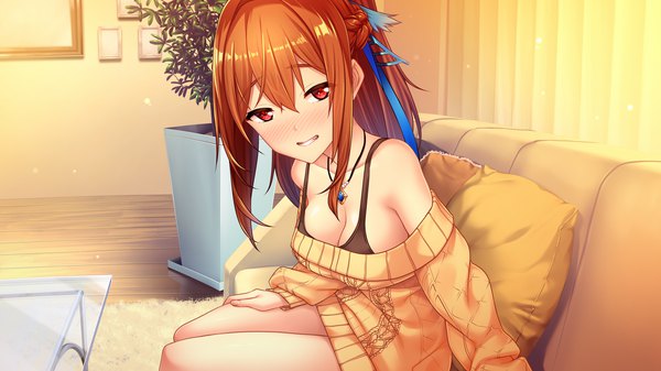 Anime picture 2048x1152 with freaks romanticism kanoe shizumi baffu single long hair looking at viewer blush fringe highres breasts light erotic smile hair between eyes red eyes brown hair wide image large breasts sitting bare shoulders payot
