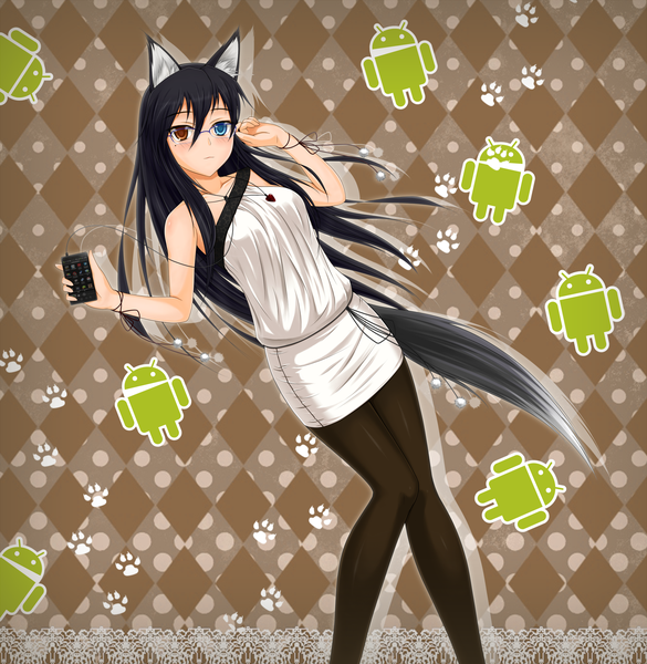 Anime picture 2000x2050 with original android (os) midnight (artist) single long hair tall image highres black hair animal ears cat ears cat tail heterochromia rhombus girl pantyhose glasses
