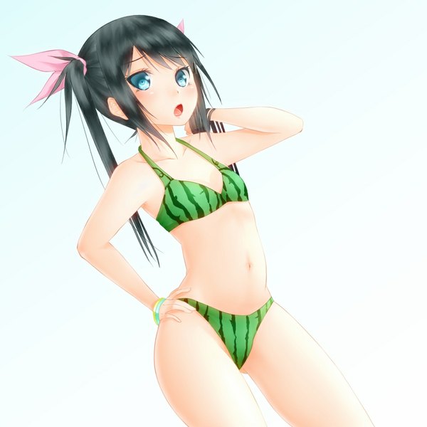 Anime picture 965x965 with original noppi (noppi 98) single long hair looking at viewer blush open mouth blue eyes light erotic black hair twintails bare belly hand on hip food print watermelon print girl navel swimsuit bikini bracelet