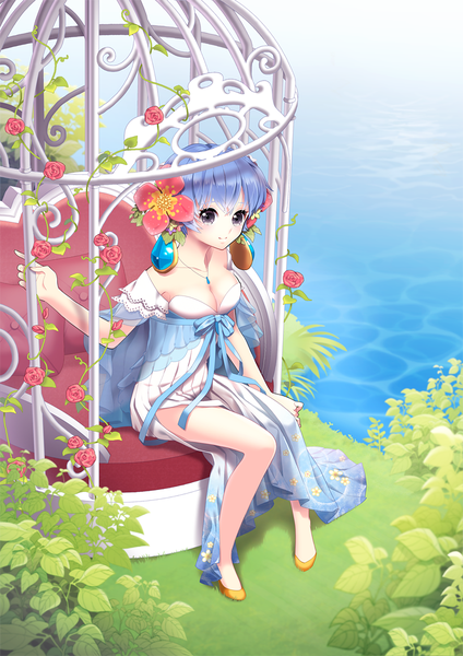 Anime picture 740x1047 with original saban single tall image short hair sitting blue hair grey eyes girl dress flower (flowers) plant (plants) cage