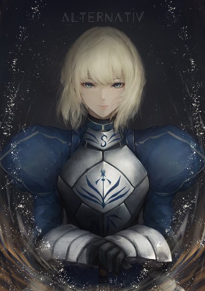 Anime picture 1222x1728 with fate (series) fate/stay night artoria pendragon (all) saber marumoru single tall image looking at viewer fringe short hair blonde hair hair between eyes green eyes upper body puffy sleeves dark background girl armor vambraces breastplate