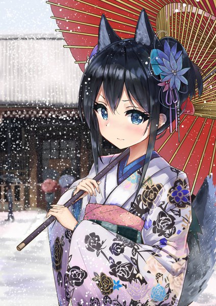 Anime picture 904x1280 with original racchi. tall image blush fringe short hair blue eyes black hair hair between eyes animal ears payot tail traditional clothes japanese clothes animal tail blurry depth of field fox ears floral print fox tail