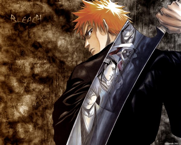 Anime picture 1280x1024 with bleach studio pierrot kurosaki ichigo ichimaru gin zaraki kenpachi kurotsuchi mayuri long hair short hair black hair blonde hair brown eyes japanese clothes looking back light smile orange hair inscription boy hair ornament weapon sword