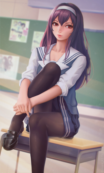 Anime picture 1200x2000 with saenai heroine no sodatekata a-1 pictures kasumigaoka utaha miura-n315 single long hair tall image looking at viewer fringe light erotic smile hair between eyes red eyes sitting purple hair bent knee (knees) pleated skirt lips realistic lipstick