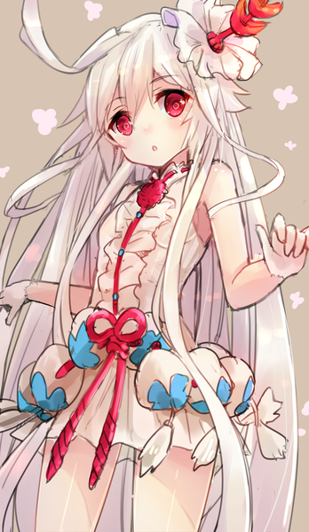 Anime picture 1000x1720 with last period choko (last period) u rin tall image looking at viewer blush fringe light erotic simple background hair between eyes red eyes standing bare shoulders payot ahoge white hair very long hair head tilt pleated skirt hair flower