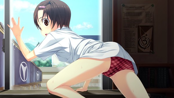 Anime picture 1024x576 with suigetsu 2 short hair open mouth light erotic brown hair wide image brown eyes game cg girl hair ornament underwear panties hairclip