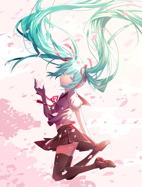 Anime picture 1565x2050 with vocaloid hatsune miku spring miku passerp single tall image looking at viewer fringe smile twintails very long hair pleated skirt aqua eyes aqua hair cherry blossoms outstretched arm jumping girl thighhighs skirt