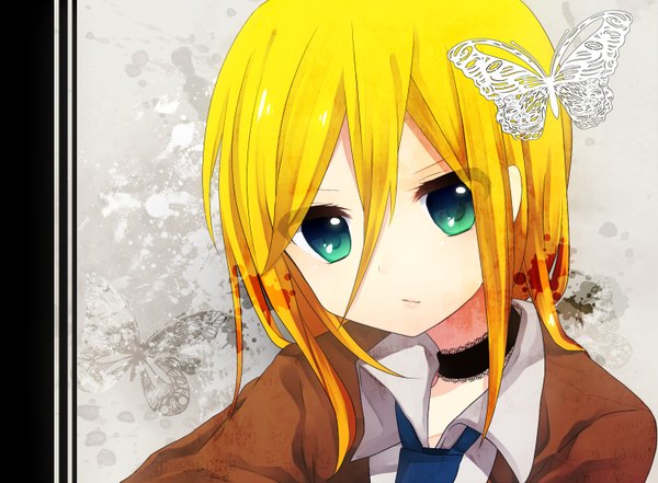 Anime picture 1506x1109 with vocaloid lily (vocaloid) single long hair looking at viewer blonde hair aqua eyes girl shirt necktie insect butterfly