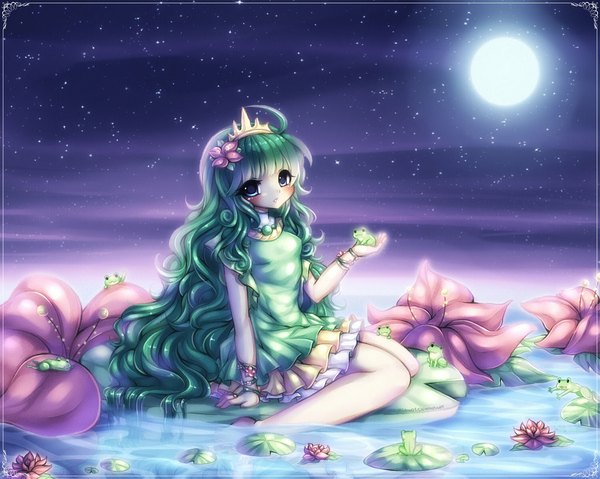 Anime picture 1024x819 with midna01 single looking at viewer blush fringe blue eyes very long hair green hair legs girl dress hair ornament water moon full moon frog