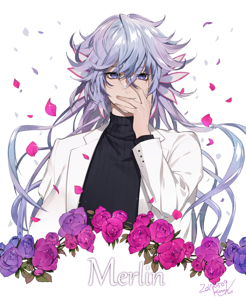 Anime picture 1000x1219 with fate (series) fate/grand order merlin (fate) kurono yuu single long hair tall image looking at viewer fringe hair between eyes white background purple eyes signed silver hair upper body character names dated hand on face boy hair ornament