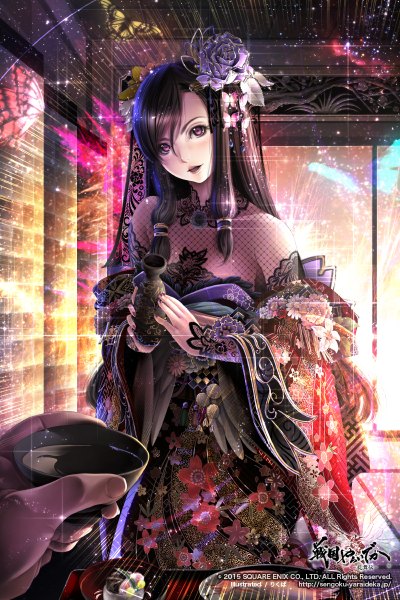 Anime picture 800x1200 with original sumomo kpa long hair tall image looking at viewer blush open mouth black hair red eyes traditional clothes japanese clothes hair flower girl hair ornament flower (flowers) detached sleeves food kimono alcohol kanzashi