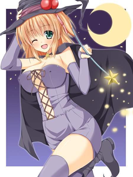 Anime picture 750x1000 with original asa no ha tall image blush short hair breasts blue eyes light erotic blonde hair large breasts one eye closed wink witch girl thighhighs dress boots cape witch hat