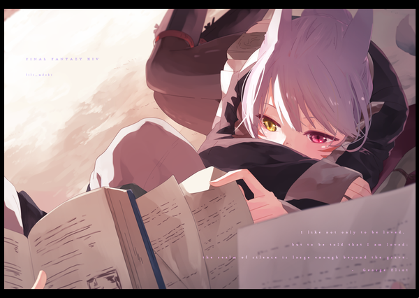 Anime picture 1120x797 with final fantasy final fantasy xiv square enix miqo'te lili mdoki fringe animal ears yellow eyes looking away pink hair pleated skirt from above grey hair heterochromia reclining girl skirt pantyhose boots book (books)