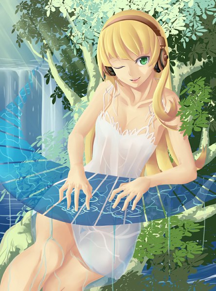 Anime picture 874x1181 with original oni-noboru single long hair tall image blonde hair smile green eyes one eye closed wink girl dress white dress headphones