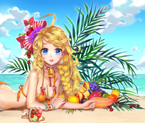Anime picture 2798x2376 with original hx (091113) single long hair looking at viewer highres blue eyes light erotic cleavage cloud (clouds) ahoge lying braid (braids) nail polish parted lips hair flower fingernails lipstick beach single braid