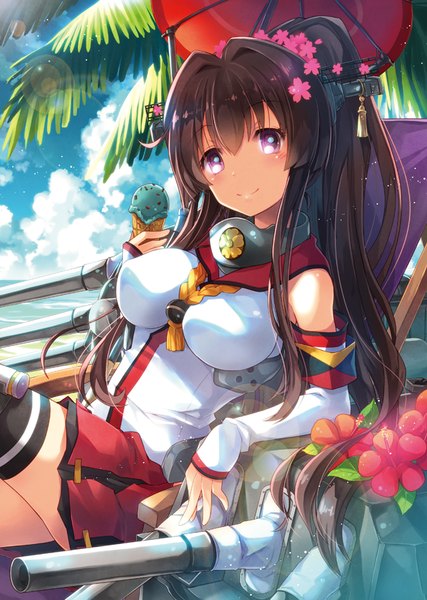 Anime picture 612x859 with kantai collection yamato super battleship ayuyanaka no hito single long hair tall image blush smile brown hair purple eyes sky cloud (clouds) ponytail pleated skirt hair flower girl thighhighs skirt hair ornament flower (flowers)