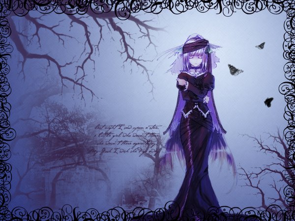 Anime picture 1280x960 with single long hair purple hair long sleeves very long hair one eye closed third-party edit gothic girl skirt animal wings insect butterfly cat branch long skirt