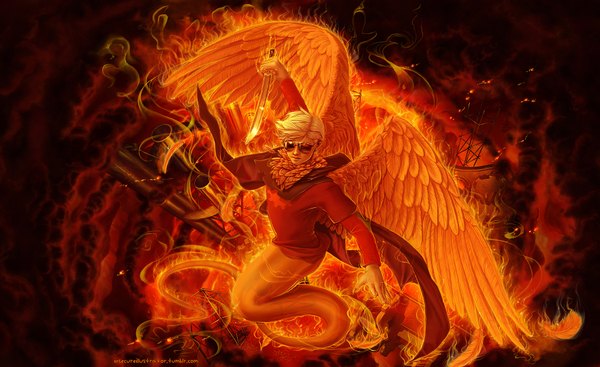 Anime picture 1762x1080 with homestuck davesprite insecureillustrator (artist) highres short hair blonde hair wide image holding smoke angel wings ghost transparent boy sword wings katana sunglasses flame claws gears