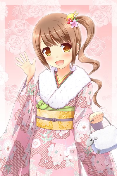 Anime picture 654x981 with original kk-sk-ray single long hair tall image brown hair traditional clothes japanese clothes orange eyes side ponytail girl hair ornament kimono obi fur-trimmed kimono