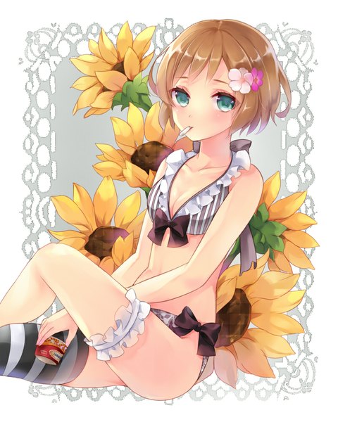 Anime picture 800x1000 with tiger & bunny sunrise (studio) pao-lin huang 041 single tall image looking at viewer blush fringe short hair breasts light erotic brown hair sitting hair flower aqua eyes alternate costume crossed legs mouth hold body blush