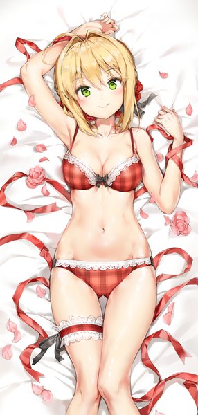 Anime picture 838x1758 with fate (series) fate/extra nero claudius (fate) (all) nero claudius (fate) anmi single tall image looking at viewer blush fringe short hair breasts light erotic blonde hair smile hair between eyes large breasts green eyes payot cleavage