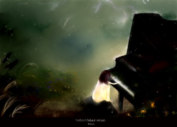 Anime picture 2480x1787 with original quarterly pixiv 3 free sati (sati1111) single long hair highres brown hair sitting sky cloud (clouds) back rain lightning girl flower (flowers) plant (plants) musical instrument piano