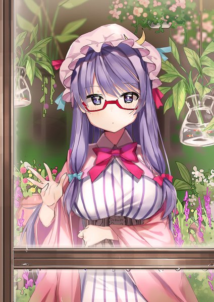 Anime picture 900x1274 with touhou patchouli knowledge dr poapo single long hair tall image looking at viewer blush fringe breasts large breasts standing purple eyes purple hair upper body bespectacled girl dress flower (flowers) bow