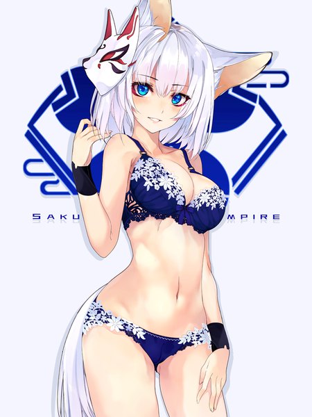 Anime picture 750x1000 with azur lane kaga (azur lane) shirokitsune single tall image looking at viewer blush fringe short hair breasts blue eyes light erotic hair between eyes bare shoulders animal ears cleavage white hair tail parted lips animal tail