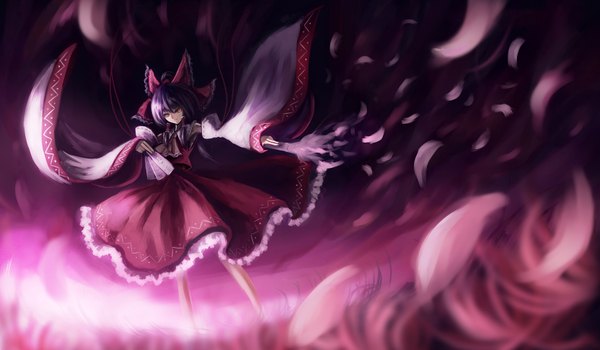 Anime picture 1664x971 with touhou hakurei reimu paseri black hair red eyes wide image japanese clothes miko girl bow ribbon (ribbons) detached sleeves petals