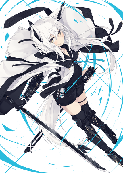Anime picture 993x1392 with original nagishiro mito single long hair tall image looking at viewer blush fringe simple background hair between eyes white background holding animal ears yellow eyes full body ahoge white hair tail animal tail from above