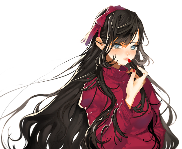 Anime picture 1790x1466 with original arutera single long hair looking at viewer blush highres blue eyes black hair simple background white background nail polish tears red nail polish girl ribbon (ribbons) hair ribbon sweater turtleneck lipstick tube