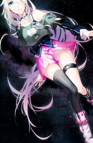Anime picture 850x1300 with vocaloid ia (vocaloid) pecchii single tall image looking at viewer fringe blue eyes bare shoulders pink hair white hair braid (braids) very long hair nail polish pleated skirt multicolored hair hair over one eye night zettai ryouiki night sky