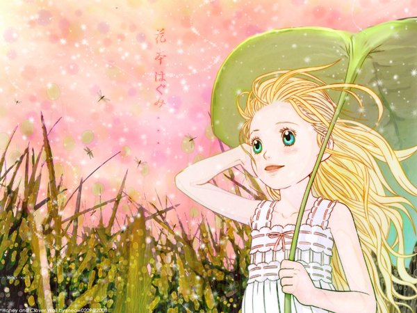 Anime picture 1600x1200 with honey and clover j.c. staff hanamoto hagumi long hair blonde hair smile green eyes girl dress plant (plants) leaf (leaves) grass dragonfly