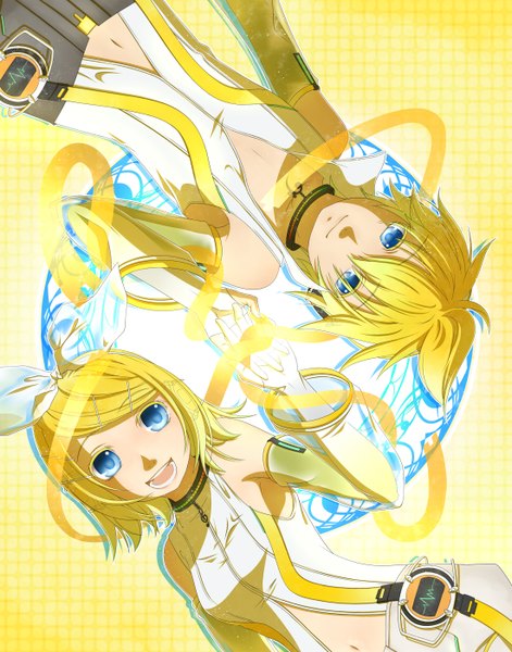 Anime picture 1100x1400 with vocaloid vocaloid append kagamine rin kagamine len kagamine rin (append) kagamine len (append) kirisame. tall image short hair open mouth blue eyes blonde hair girl boy bow hair bow detached sleeves collar